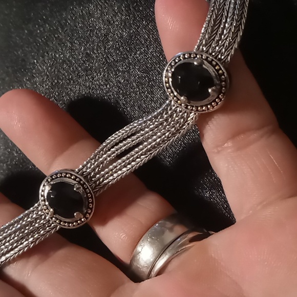 Vintage Layered wheat chain bracelet Silver & gold tone accents,deep red stones. - Picture 5 of 6